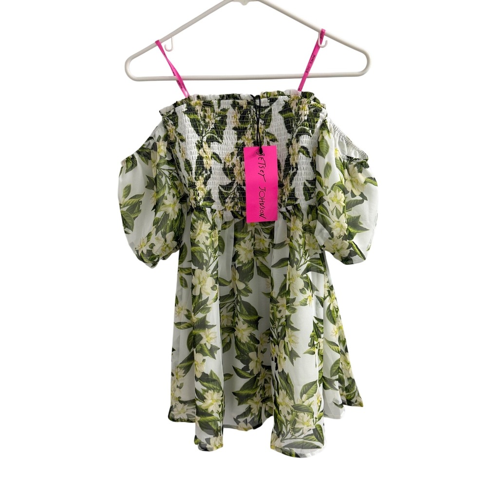 Betsey Johnson Floral Off The Shoulder Smocked Mini Dress White Green XS NWT